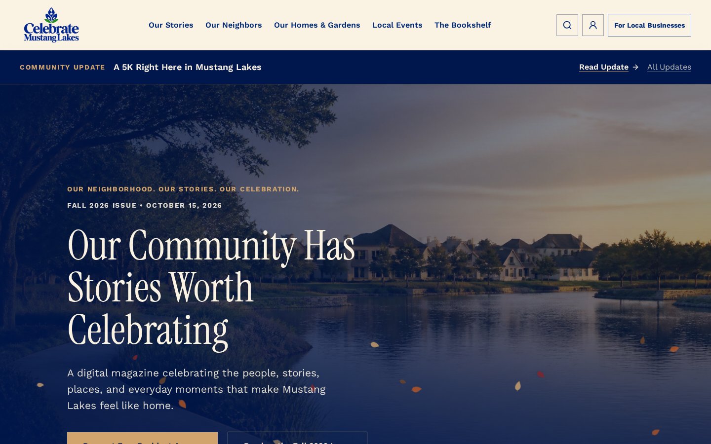 Homepage of the Celebrate Mustang Lakes neighborhood digital magazine